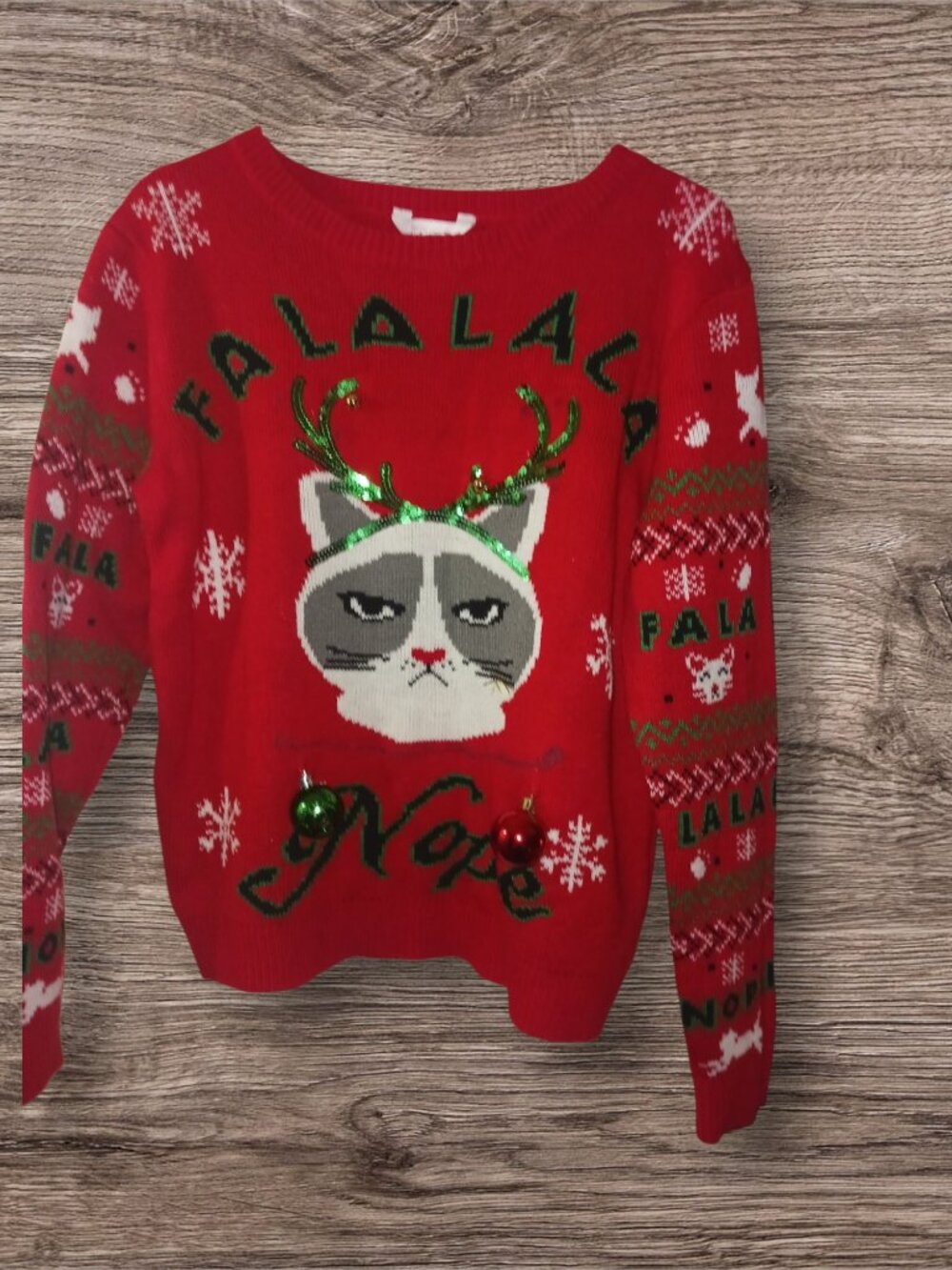 No Boundaries Fa La La Nope Cat Ugly Christmas Sweater Size XL (15-17) Red Holid
